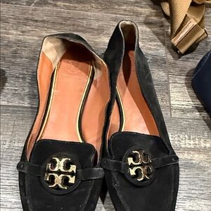 Tory Burch Black Suede Flats with Gold Logo